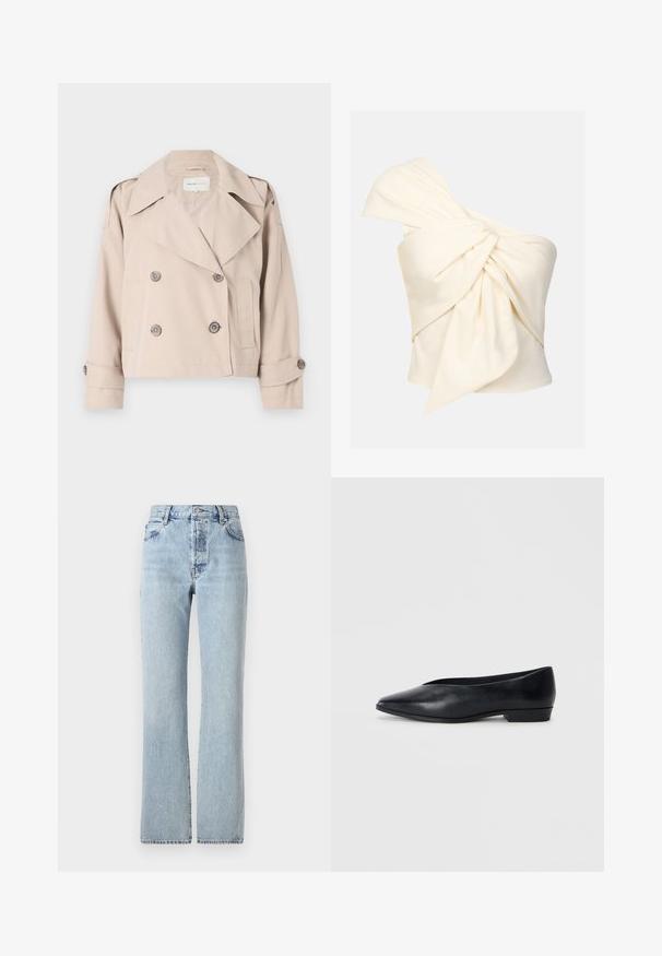 Beige taillierter Trenchcoat mit doppeltknöpfigem Verschluss, breiten Revers und aufgerollten Manschetten. Glatte Textur, minimalistisches Design.; Cremfarbenes Top mit einem Schulterträger aus glattem Stoff, das an der Vorderseite mit einem großen, verdrehten Knoten-Detail versehen ist und eng anliegt.; Hellblaue Jeans aus Denim mit hoher Taille, geraden Beinen, klassischem Fünf-Taschen-Design und subtilen Ausbleichungen überall.; Schwarze Lederflatschuhe mit spitzer Zehenform, leicht erhöhtem Absatz und glatter Oberfläche. Schlichtes Design ohne sichtbare Hardware oder Muster.