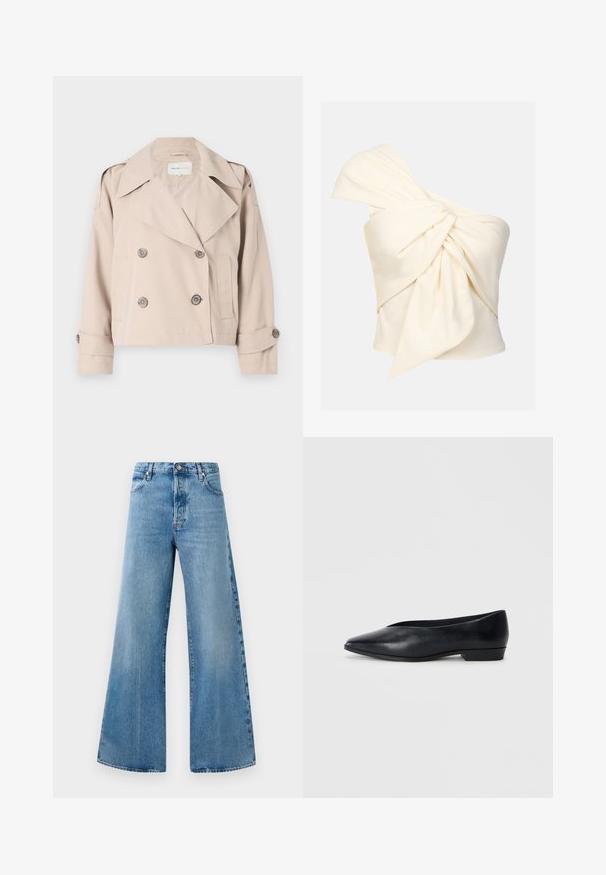 Bežani skraćeni kaput s dvostrukim kopčanjem, širokim reverima i uvijenim manžetama. Glatka tekstura, minimalistički dizajn.; Krema bluzica s jednim ramenom izrađena od glatkog materijala, s velikim zavijenim čvorom sprijeda i prilagođenim krojem.; Široke svijetloplave traperice s visokim strukom, koje imaju prednje džepove, zatvaranje na dugme i suptilne detalje izbljeđivanja.; Crne kožne ravne cipele s šiljastim vrhom, lagano podignutom petom i glatkom površinom. Jednostavan dizajn bez vidljivih tvrdih dijelova ili uzoraka.