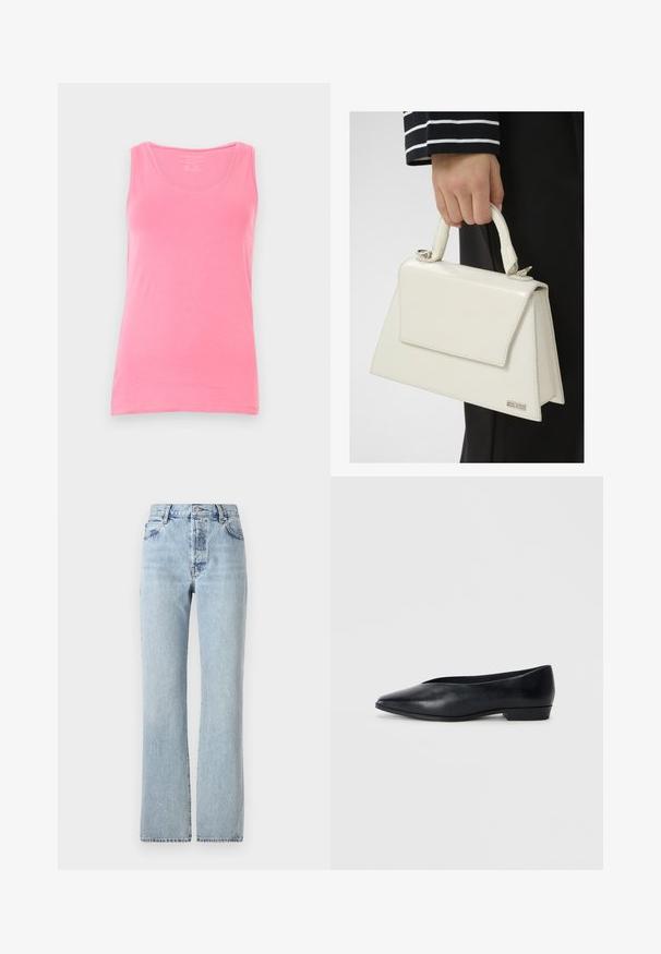 Beige színű, rövidített trench coat, dupla gombos záródással, széles hajtókákkal és felgöngyölt ujjakra. Simább textúra, minimális dizájn.; Rózsaszín tank top, puha anyagból készült, kerek nyakú és keskeny pántokkal. Sima textúrájú, testhez álló fazonú, mintázat nélkül.; Világoskék farmernadrág magas derékkal, egyenes szárakkal, klasszikus öt zsebes kialakítással és enyhe kopásokkal az egész felületen.; Fekete bőr lapos cipő, hegyes orral, enyhén megemelt sarka és sima felülettel. Egyszerű dizájn, látható hardver vagy minták nélkül.; Fehér lakkbőr kézi táska, strukturált formával, tetején hordozóval és elöl látható rakózárással. Minimalista ezüst kiegészítők jellemzik.