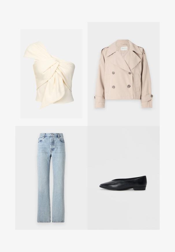 Beige lühendatud trench jope kaheinimese nööbiga, laiad kraed ja üles keeratud varrukad. Sile tekstuur, minimalistlik disain.; Ühe õlavarrega kreemjas särk, valmistatud siledast kangast, millel on ees suur keeratud sõlm ja kõhna istuvus.; Heledsinine teksapüksid kõrge vöökohaga, sirgete jalgadega, klassikalise viie tasku kujundusega ja õrnade pleekimistega üle kogu pükste.; Must musta korter king, millel on terav nina, veidi tõstetud konts ja sile pind. Lihtne disain, kus pole nähtavaid detaile ega mustreid.