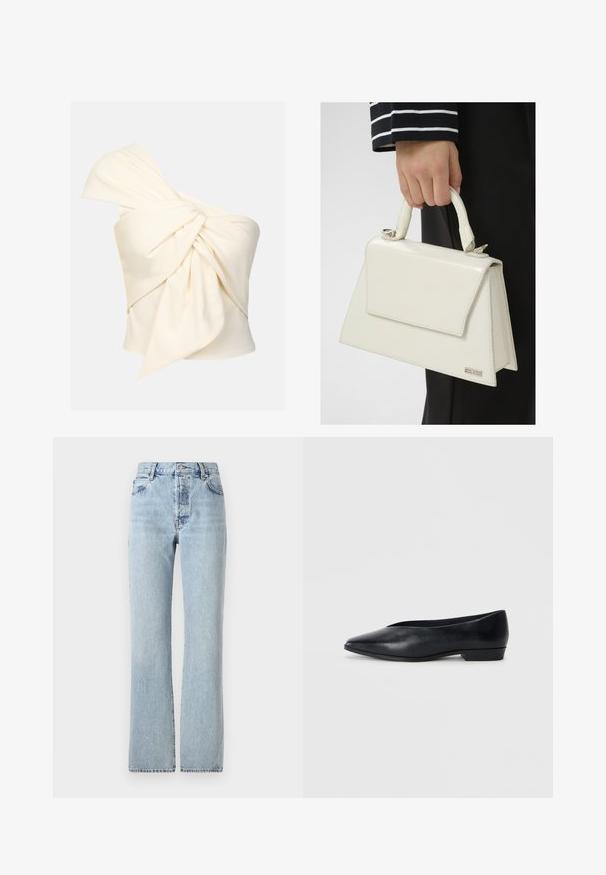 Cappotto trench cropped beige con chiusura a doppio petto, ampi colli e maniche arrotolate. Texture liscia, design minimalista.; Top crema monospalla realizzato in tessuto liscio, con un grande dettaglio annodato sul davanti e una vestibilità aderente.; Jeans in denim azzurro chiaro con vita alta, gamba dritta, design classico a cinque tasche e una leggera scoloritura uniforme.; Scarpa piatta in pelle nera con punta appuntita, tacco leggermente rialzato e superficie liscia. Design semplice senza hardware o motivi visibili.; Borsa in vernice bianca con forma strutturata, manico superiore e chiusura a patta frontale. Presenta accenti argentati minimalisti.