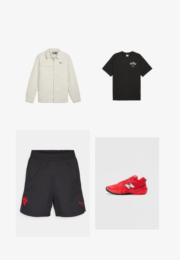 Kreemvalge jakk, millel on lukuga eesmine osa, terav krae ja pikad varrukad. Funktsioonide seas on üks rinnatasku ja must logoaktsent rinnas.; Mustmust värvi puuvillane T-särk lühikeste raglanvarrukatega. Ees on valge "PUMA" logo ja tekst "est. 48". Klassikaline, mugav lõige.; Mustad musta sportlikud lühikesed püksid elastse vöökohaga, millel on punane lõvi logo ja punane Puma logo alumises osas. Kerge kangas, sile tekstuur.; Punased sportjalatsid musta taldade ja nöörimisega, ning küljele on pandud valge "N" logo, esitatud heledal hallil taustal.