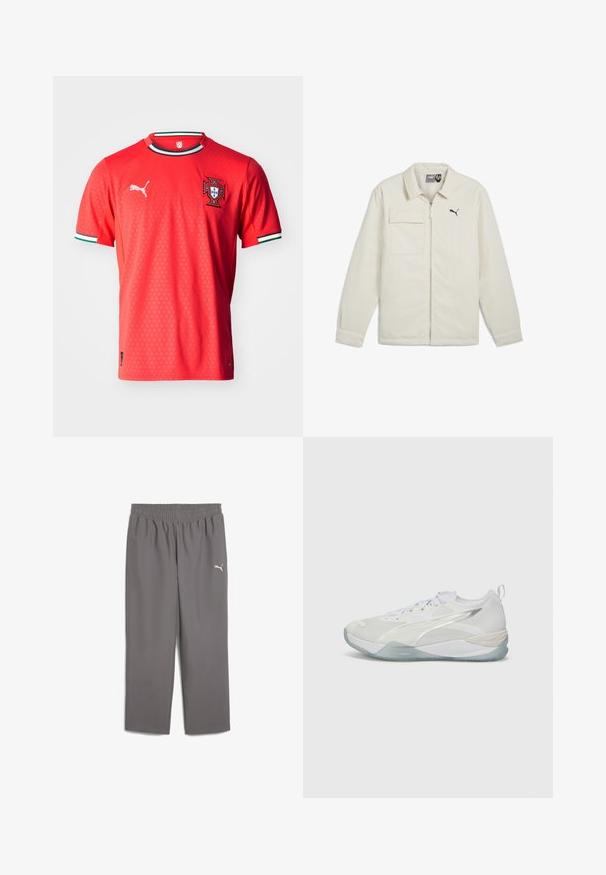 Grietos spalvos striukė su užtrauktuku, smailiu apykakle ir ilgomis rankovėmis. Yra viena krūtinės kišenė ir juodas logotipo akcentas krūtinėje.; Raudona futbolo marškinėliai, pagaminti iš tekstūruoto audinio, su Portugalijos emblemą ant krūtinės, balto ir žalio dryžuoto apykaklės ir Puma logotipu.; Pilkos sportinės kelnės su elastinga juosmeniu, pagamintos iš lengvos medžiagos. Pasižymi maža balta logo ant kairiojo kojos.; Baltos sportinės bateliai su tinkliniais viršutiniais audiniais, tekstūruotoms detalėmis ir permatomu padu. Turi užrišimo dizainą ir galinį kilputę patogiam apsiaustymui.