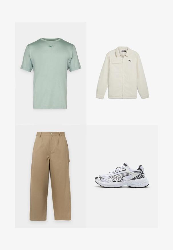 Krémová bunda se zipem v přední části, špičatým límcem a dlouhými rukávy. Obsahuje jednu náprsní kapsu a černý akcent loga na hrudi.; Světlá zelená tričko s krátkým rukávem a kulatým výstřihem, na hrudi s malým tmavě zeleným logem Puma. Hladká textura, ležérní design.; Béžové široké kalhoty z kombinace bavlny, s vysokým pasem, předními sklady a dvěma bočními kapsami s uzávěrem na knoflík.; Bílé sportovní tenisky s černými akcenty. Mřížkový a syntetický svršek, silná podrážka a zakřivený design. Obsahují šněrování a detaily s logem.