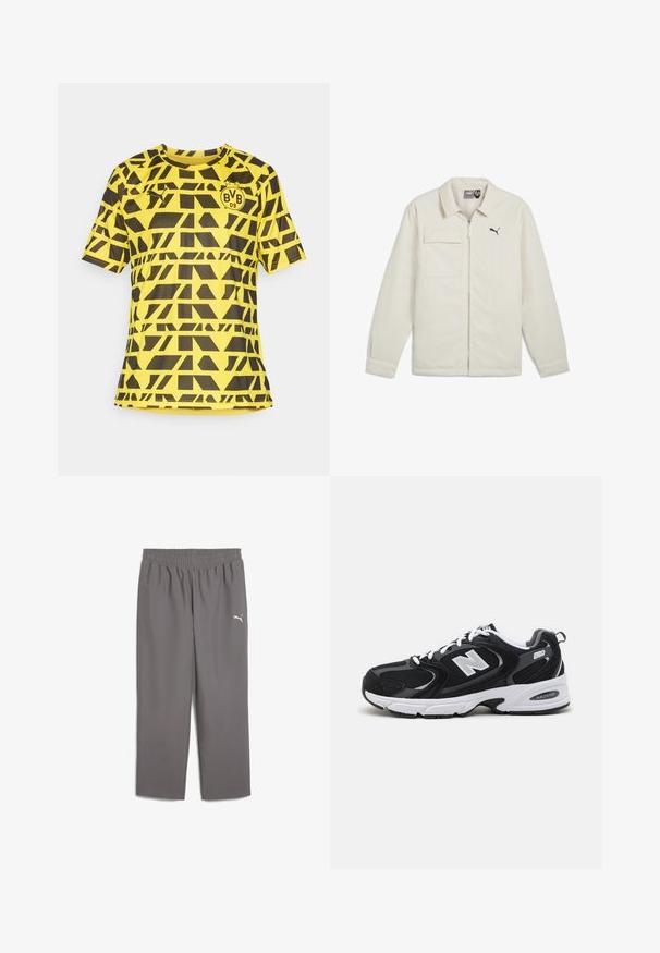 Kremowa kurtka z zamkiem błyskawicznym z przodu, spiczastym kołnierzem i długimi rękawami. Posiada jedną kieszeń na piersi oraz czarny akcent z logo na klatce piersiowej.; Żółta koszulka z krótkim rękawem, z geometrycznym czarnym wzorem, z okrągłym dekoltem i logiem na lewej piersi, wykonana z lekkiego materiału.; Szare spodnie sportowe z elastycznym pasem, wykonane z lekkiego materiału. Posiadają małe białe logo na lewej nodze.; Czarno-szare buty sportowe z siateczki i zamszu, z białą podeszwą środkową, sznurowadłami oraz wyrazistym logo "N" po boku.