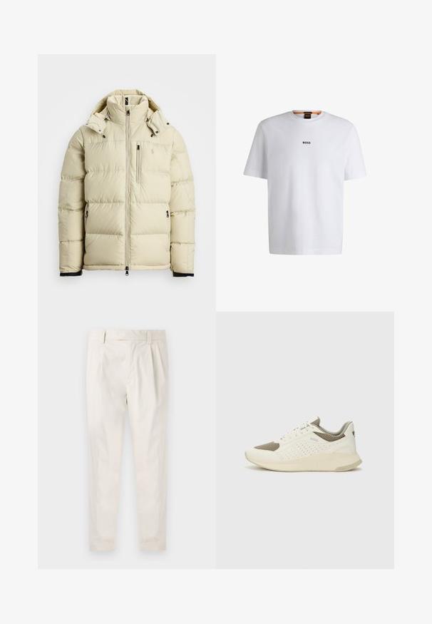 Chaqueta de plumas beige claro con un alto cuello, capucha desmontable, cierre frontal con cremallera y dos bolsillos laterales. Presenta paneles cosidos y detalle de logo.; Camiseta de algodón blanca de manga corta, con un logotipo negro "BOSS" centrado en el pecho y un diseño de cuello redondo.; Pantalones blancos plisados con un ajuste entallado, que presentan una textura suave, pasadores para el cinturón y piernas ajustadas. Sin bolsillos visibles ni patrones.; Zapatilla deportiva en blanco y beige claro, con parte superior de malla, detalles perforados y una mediasuela texturizada con la marca en el talón.