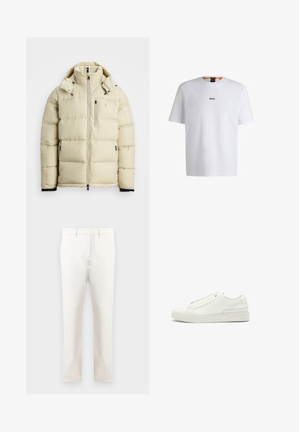 Hellbeige Puffer-Jacke mit hochgeschlossener Kragen, abnehmbarer Kapuze, Reißverschluss vorne und zwei Seitentaschen. Verfügt über gestickte Einsätze und Logodetail.; Weißes Baumwoll-T-Shirt mit kurzen Ärmeln, ausgestattet mit einem schwarzen "BOSS"-Logo, das mittig auf der Brust platziert ist, und einem runden Halsausschnitt.; Beige Hose aus glattem Stoff mit geradem Beindesign, frontalen Taschen, Reißverschluss und einem einzelnen Knopfverschluss in der Taille.; Weiße Leder-Sneaker mit strukturierter Oberseite, runder Zehenform, minimalistischem Design und Gummisohle mit gestickten Details.