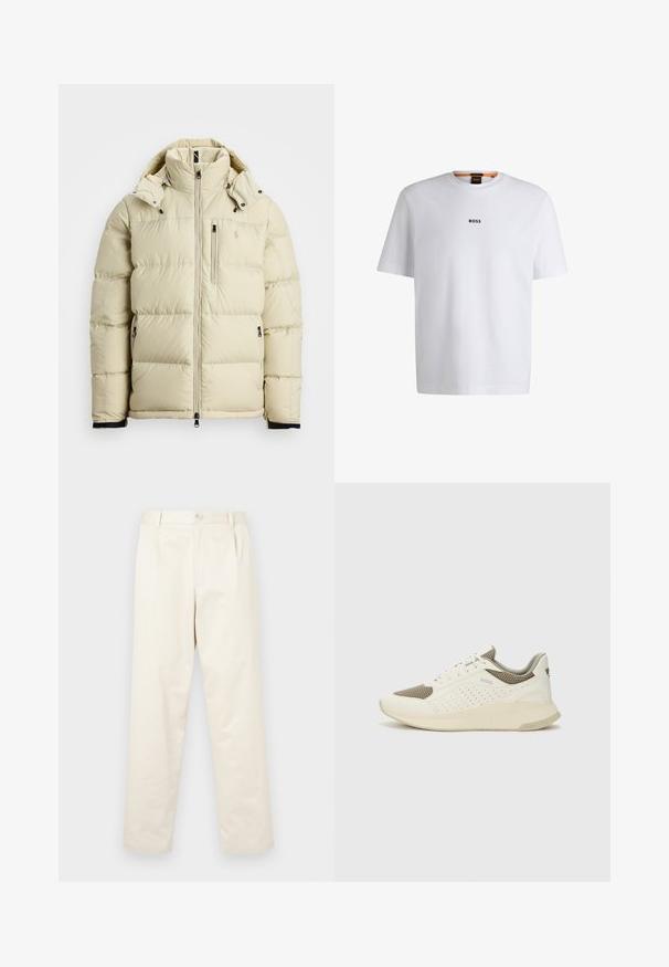 Svijetlo bež puffer jakna s visokim ovratnikom, odvojivom kapom, patentnim zatvaračem sprijeda i dva bočna džepa. Sadrži šivane panele i detalj s logotipom.; Bijela pamučna majica kratkih rukava, s crnim logotipom "BOSS" centriranim na prsima i okruglim izrezom.; Svijetlosmeđi pamučni chinos s ravnim nogavicama, koji imaju dugme za zatvaranje i dva bočna džepa. Glatka tekstura bez vidljivih uzoraka.; Bijele i svijetlosmeđe sportske tenisice, sa mrežastim gornjim dijelom, perforiranim detaljima i teksturiranim međutrakom sa brendom na peti.