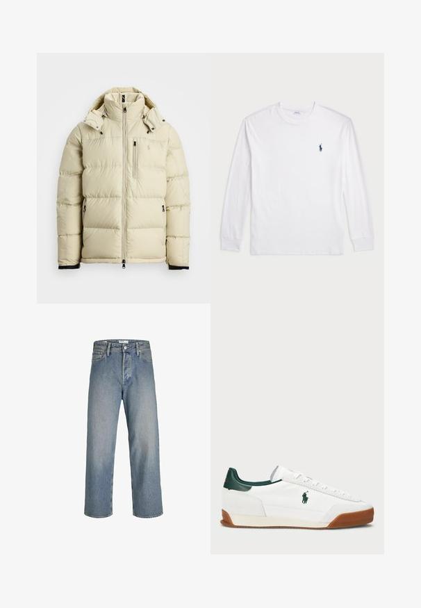 Light beige puffer jacket with a high collar, detachable hood, zippered front, and two side pockets. Features stitched panels and logo detail.; White long-sleeve T-shirt made of cotton. Features a round neckline, ribbed cuffs, and a small navy blue polo logo on the left chest.; Light blue denim jeans with a loose fit, high waist, and straight legs. Features front pockets and a metal button closure.; White sneaker with green leather accents and a tan rubber sole. Features a fabric body and a prominent logo on the side. Laced design.