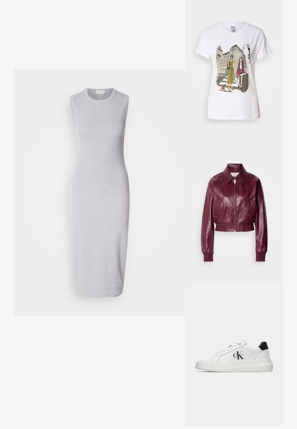 Calvin Klein Jeans CROPPED CRINKLE - Bomberjacka - deep rouge; Grå ärmlös midiklänning i bomullsblandat tyg. Har en rund halsringning och diskret logotypdetalj på bröstet. Slät textur.; Vitt bomulls-T-shirt med en tryckt illustration av två kvinnor i urbana mode stilar med en hund på ett övergångsställe och stadens byggnader.; Vit lågtopp sneakers med svart hälflik, platåsål, snörning och Calvin Klein "CK" logotyp på sidan.