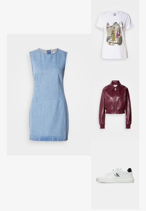 Calvin Klein Jeans CROPPED CRINKLE - Bombejakke - deep rouge; Denimkjole i lyseblå, uten ermer med rund hals og detaljer i sidesømmen. Har en rett fasong og lett tekstur.; Hvit bomulls T-skjorte med trykt illustrasjon av to kvinner i urbane motestiler med en hund på et fotgjengerfelt og bybygninger.; Hvite lavsko med svart hæltab, plattformsåle, snøringer og Calvin Klein "CK" logo på siden.