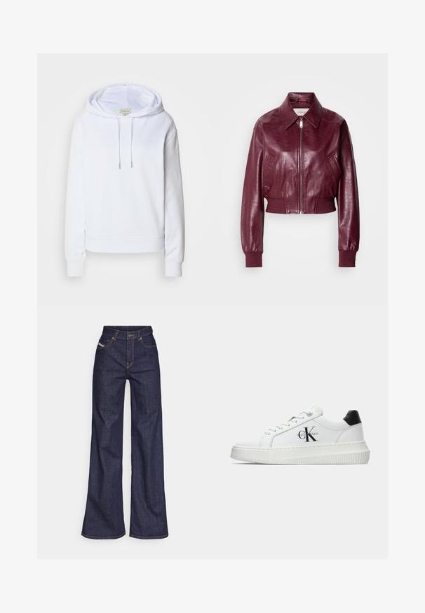 Calvin Klein Jeans CROPPED CRINKLE - Bomber dzseki - deep rouge; Fehér kapucnis pulóver puha anyagból, húzózsinórral a kapucnin, bordás mandzsettákkal és alsó résszel, valamint hímzett logóval a mellrészen.; Sötétkék, bő szárú farmernadrág, magas derékkal, narancssárga varrással, öt zsebes kialakítással és gombos zárással.; Fehér alacsony szárú edzőcipő fekete saroktabbal, platform talppal, fűzőkkel és Calvin Klein "CK" logóval az oldalán.