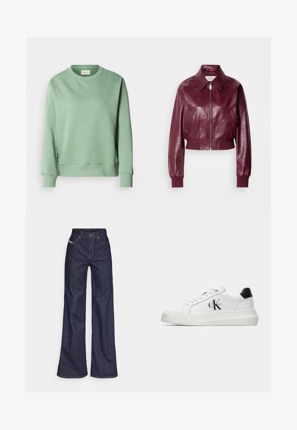 Calvin Klein Jeans CROPPED CRINKLE - Blouson Bomber - deep rouge; Sweatshirt vert menthe avec un col rond, des manches longues, des poignets et un ourlet côtelés. Présente un petit logo brodé sur la poitrine.; Jeans ample bleu foncé en denim avec taille haute, ornés de surpiqûres orange, d'un design à cinq poches et d'une fermeture à bouton.; Baskets basses blanches avec un tab de talon noir, semelle plateforme, lacets et logo "CK" de Calvin Klein sur le côté.