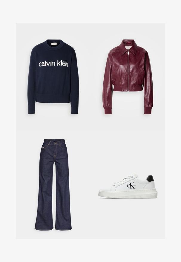 Calvin Klein Jeans CROPPED CRINKLE - Bombejakke - deep rouge; Marineblå genser med rund hals og hvit "Calvin Klein" logo over brystet, ribbede mansjetter og nederkant, laget av mykt strikket materiale.; Mørkeblå vide jeans i denim med høy midje, med oransje sømmer, fem-lomme-design og knappelukking.; Hvite lavsko med svart hæltab, plattformsåle, snøringer og Calvin Klein "CK" logo på siden.