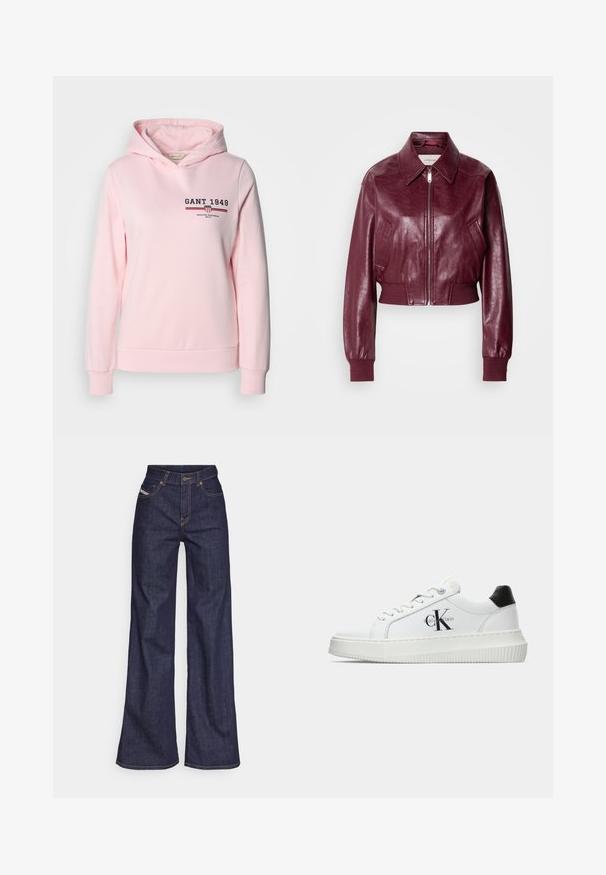 Calvin Klein Jeans CROPPED CRINKLE - Bomberjacks - deep rouge; Roze hoodie gemaakt van een katoenmix, met een logo aan de voorkant en horizontale strepen. Het heeft een trekkoord kap en ribgebreide manchetten en zoom.; Donkerblauwe wijde jeans van denimstof met een hoge taille, voorzien van oranje stiksels, een vijf-pocket ontwerp en een knoopsluiting.; Witte lage sneaker met zwarte hiel tab, plateauzool, veters en Calvin Klein "CK" logo aan de zijkant.