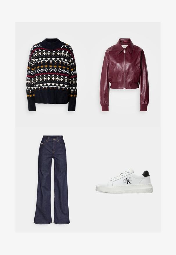 Calvin Klein Jeans CROPPED CRINKLE - Bomber bunda - deep rouge; Pletený tmavě modrý svetr s Fair Isle vzorem v bílé, červené, olivové a žluté barvě, s žebrovaným límcem a lemem, střední tloušťky.; Tmavě modré džíny s širokým střihem vyrobené z denimové tkaniny, s vysokým pasem, oranžovým prošíváním, pěti kapsami a zapínáním na knoflík.; Bílé nízké tenisky s černým patním tabem, platformovou podrážkou, tkaničkami a logem Calvin Klein "CK" na boku.