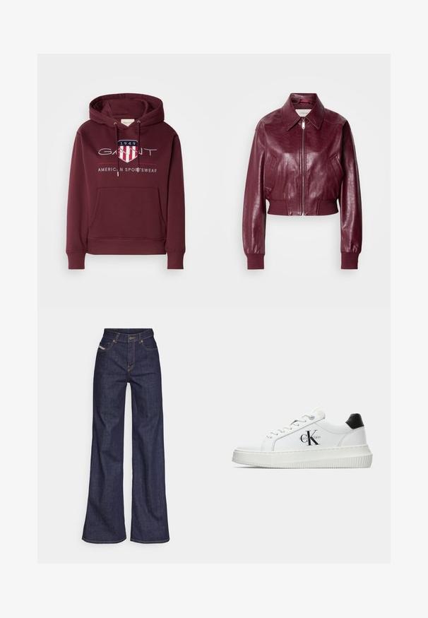 Calvin Klein Jeans CROPPED CRINKLE - Bomber Jacket - deep rouge; Maroon hoodie made of soft fabric, featuring a front pocket, drawstrings, and a logo with a shield and "1949" text on the chest.; Dark blue wide-leg jeans in denim fabric with a high waist, featuring orange stitching, five-pocket design, and a button closure.; White low-top sneaker with black heel tab, platform sole, laces, and Calvin Klein "CK" logo on the side.