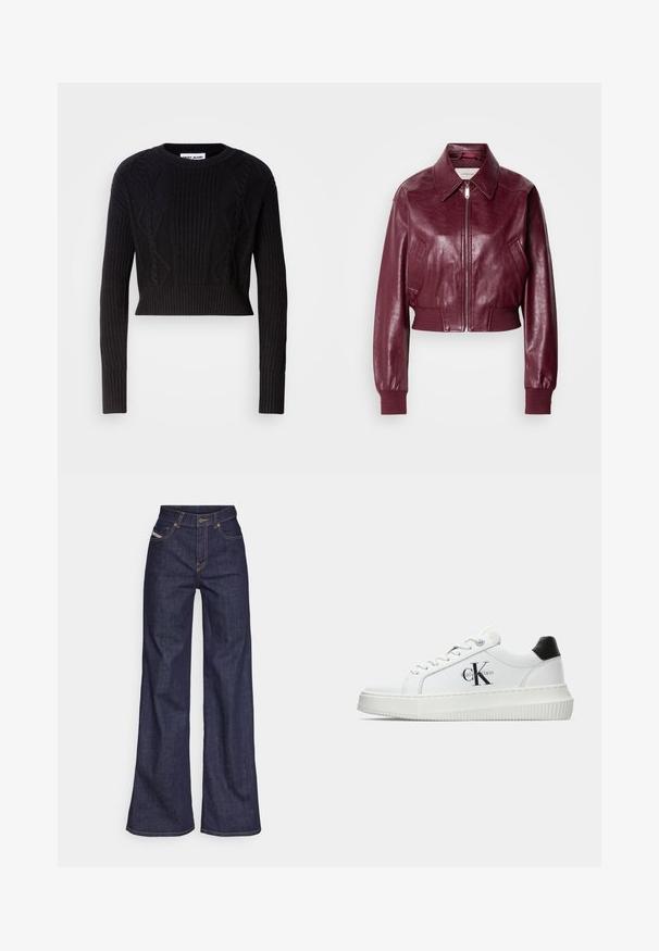 Calvin Klein Jeans CROPPED CRINKLE - Bomber tipa jaka - deep rouge; Melna saīsināta džemperis, kas izgatavots no ribu adījuma auduma, ar teksturētām virvēm, garām piedurknēm un apaļu izgriezumu.; Tumši zili platleņķa džinsi no denima auduma ar augstu jostasvietu, ar oranžām šuvēm, piecu kabatu dizainu un pogu aizdari.; Baltā zema topa sporta apavas ar melnu papēža cilni, platformas zoli, auklēm un Calvin Klein "CK" logo sānos.