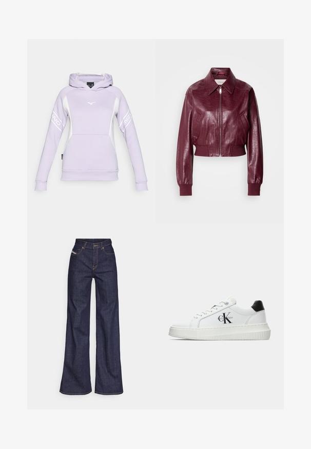 Calvin Klein Jeans CROPPED CRINKLE - Bomber tipa jaka - deep rouge; Lillā sudraba kapuce, kas izgatavota no mīksta auduma, ar baltām akcentiem, priekšējo kabatu un logo uz krūškurvja un piedurknēm. Regulējama kapuce.; Tumši zili platleņķa džinsi no denima auduma ar augstu jostasvietu, ar oranžām šuvēm, piecu kabatu dizainu un pogu aizdari.; Baltā zema topa sporta apavas ar melnu papēža cilni, platformas zoli, auklēm un Calvin Klein "CK" logo sānos.