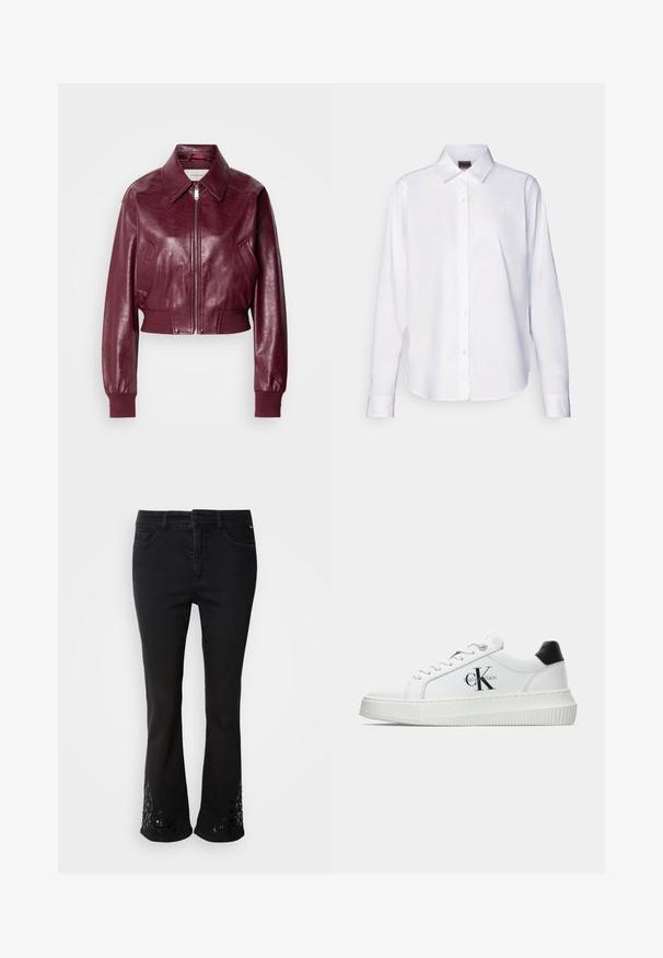Calvin Klein Jeans CROPPED CRINKLE - Bomberjakke - deep rouge; Hvid langærmet skjorte med knapper lavet af bomuld. Har en klassisk krave og diskret mærke-broderi på brystet. Glat tekstur.; Sorte denim flared jeans med dekorative pailletmønstre ved kanten, med fem lommer, bæltestropper og lukning med knap foran.; Hvide lavtoppede sneakers med sort hælkænke, platformssål, snørebånd og Calvin Klein "CK" logo på siden.