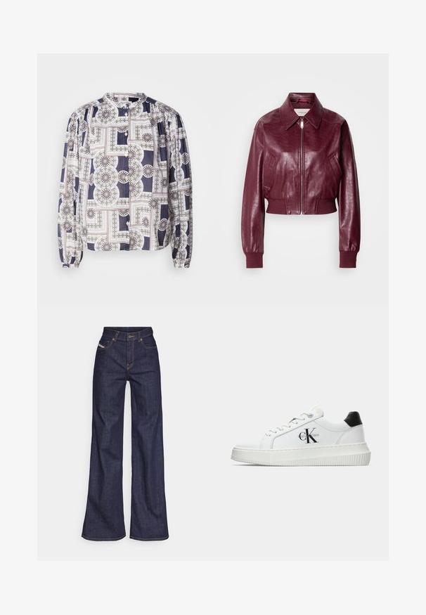 Calvin Klein Jeans CROPPED CRINKLE - Bomber dzseki - deep rouge; Mintás blúz kerek nyakkivágással, hosszú puff ujjakkal, gombos záródással, geometriával díszítve tengerészkék, fehér és zöld színekben.; Sötétkék, bő szárú farmernadrág, magas derékkal, narancssárga varrással, öt zsebes kialakítással és gombos zárással.; Fehér alacsony szárú edzőcipő fekete saroktabbal, platform talppal, fűzőkkel és Calvin Klein "CK" logóval az oldalán.