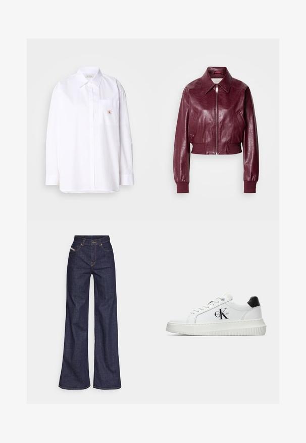 Calvin Klein Jeans CROPPED CRINKLE - Bomber stiliaus striukė - deep rouge; Balta medvilninė marškinė su ilgomis rankovėmis, krūtinės kišenė ir mažas CK logotipo ženkliukas ant kišenės. Lygus paviršius ir pritaikyta forma.; Tamsiai mėlynos plačios kojų džinsinės kelnės iš denimo audinio su aukštu liemeniu, su oranžinėmis siūlėmis, penkių kišenių dizainu ir sagčių užsegimu.; Balti žemakulniai bateliai su juodu kulno dangteliu, platformos padu, raišteliais ir Calvin Klein "CK" logotipu šone.