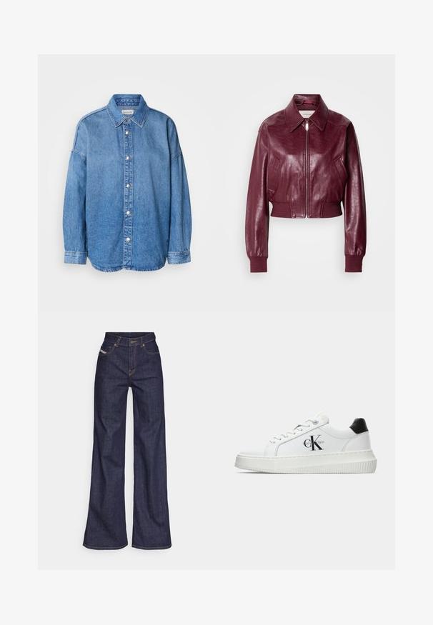 Calvin Klein Jeans CROPPED CRINKLE - Bomber jakna - deep rouge; Svetlo modra jeans srajca s ovratnikom, dolgimi rokavi in srebrnimi gumbi, postavljena na belo ozadje.; Temno modri široki kavbojke iz denima z visokim pasom, ki imajo oranžne šive, pet žepov in gumba za zapiranje.; Bele nizke superge z črnim hrbtnim delom, platformo, vezalkami in Calvin Klein "CK" logotipom na strani.