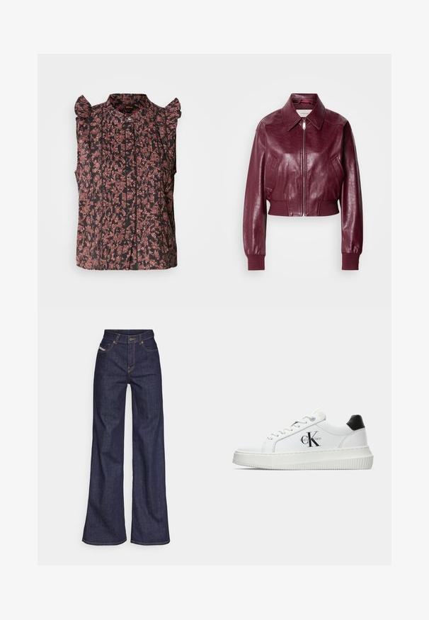 Calvin Klein Jeans CROPPED CRINKLE - Blouson Bomber - deep rouge; Blouse sans manches noire avec des accents de manches volantes, ornée de motifs floraux rouges et de plis verticaux, avec un devant à boutons.; Jeans ample bleu foncé en denim avec taille haute, ornés de surpiqûres orange, d'un design à cinq poches et d'une fermeture à bouton.; Baskets basses blanches avec un tab de talon noir, semelle plateforme, lacets et logo "CK" de Calvin Klein sur le côté.