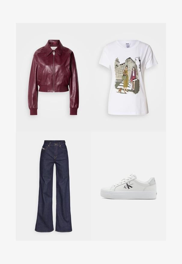 Calvin Klein Jeans CROPPED CRINKLE - Bomberjacks - deep rouge; Witte katoen T-shirt met een geprinte illustratie van twee vrouwen in urban mode stijlen met een hond op een zebrapad en stadsgebouwen.; Donkerblauwe wijde jeans van denimstof met een hoge taille, voorzien van oranje stiksels, een vijf-pocket ontwerp en een knoopsluiting.; Witte sneakers met een glad synthetisch bovenwerk, verhoogde platformzool en een zwart Calvin Klein Jeans-logo aan de zijkant.