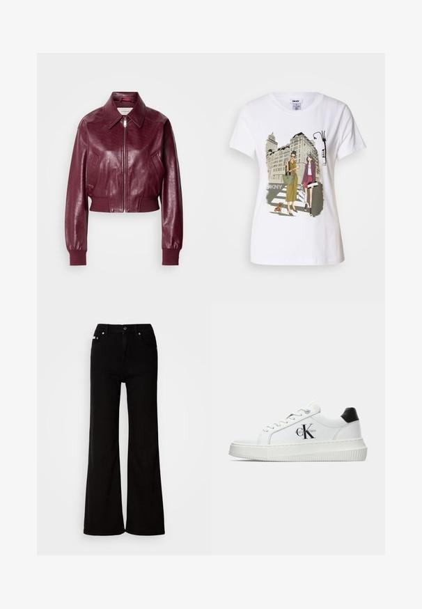 Calvin Klein Jeans CROPPED CRINKLE - Bomber tipa jaka - deep rouge; Balta kokvilnas T-krekls ar divu sieviešu, kas ģērbtas urbanā stilā, zīmējumu, uz kura redzams suns uz gājēju pārejas un pilsētas ēkas.; Melnas denim flared džinsi ar augstu jostasvietu, ar rāvējslēdzēja un pogas aizdari, sānu kabatām un diskretām detaļām.; Baltā zema topa sporta apavas ar melnu papēža cilni, platformas zoli, auklēm un Calvin Klein "CK" logo sānos.