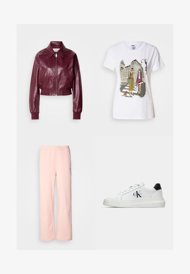 Calvin Klein Jeans CROPPED CRINKLE - Bomber stiliaus striukė - deep rouge; Baltos medvilnės marškinėliai su spausdinta iliustracija, kurioje pavaizduotos dvi moterys urbanistiniais mados stiliais su šunimi perėjimo zonoje ir miesto pastatai.; Rožinės medvilnės džinsinės kelnės su plačiais įtempimais, elastinga juosmens juosta ir minimaliomis siuvimo detalėmis. Šone yra mažas logotipo ženklelis.; Balti žemakulniai bateliai su juodu kulno dangteliu, platformos padu, raišteliais ir Calvin Klein "CK" logotipu šone.