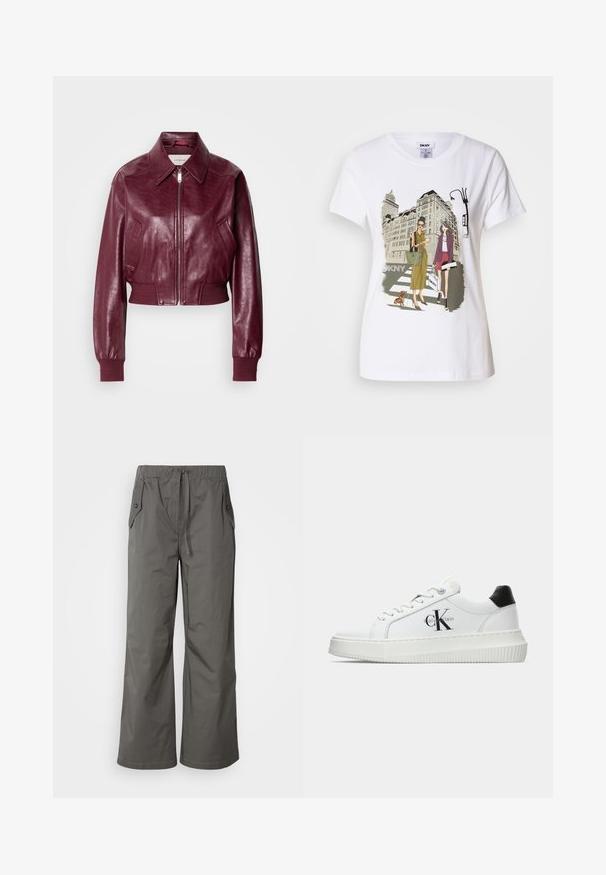 Calvin Klein Jeans CROPPED CRINKLE - Bomber Jacket - deep rouge; White cotton T-shirt featuring a printed illustration of two women in urban fashion styles with a dog on a crosswalk and city buildings.; Gray wide-leg pants made of lightweight fabric, featuring an elastic waistband, drawstring, and two side pockets with button accents.; White low-top sneaker with black heel tab, platform sole, laces, and Calvin Klein "CK" logo on the side.