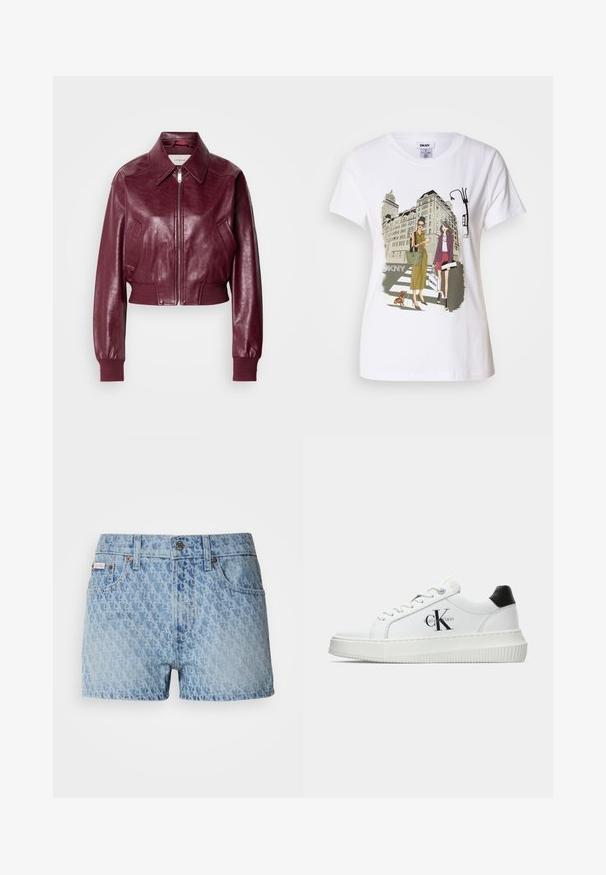 Calvin Klein Jeans CROPPED CRINKLE - Bomber bunda - deep rouge; Bílý bavlněný tričko s potiskem, který zobrazuje dvě ženy v městských módních stylech se psem na přechodu a městskými budovami.; Džínové kraťasy v světle modré barvě s texturovaným, opakujícím se vzorem. Mají zapínání na knoflík a červenou značkovou etiketu na levé kapse.; Bílé nízké tenisky s černým patním tabem, platformovou podrážkou, tkaničkami a logem Calvin Klein "CK" na boku.