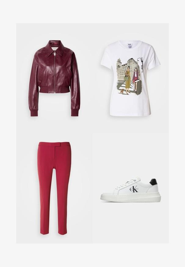 Calvin Klein Jeans CROPPED CRINKLE - Bomber Jacket - deep rouge; White cotton T-shirt featuring a printed illustration of two women in urban fashion styles with a dog on a crosswalk and city buildings.; Red tailored trousers with a smooth texture, slim fit, and a flat front. Designed with a narrow waistband and no visible pockets.; White low-top sneaker with black heel tab, platform sole, laces, and Calvin Klein "CK" logo on the side.
