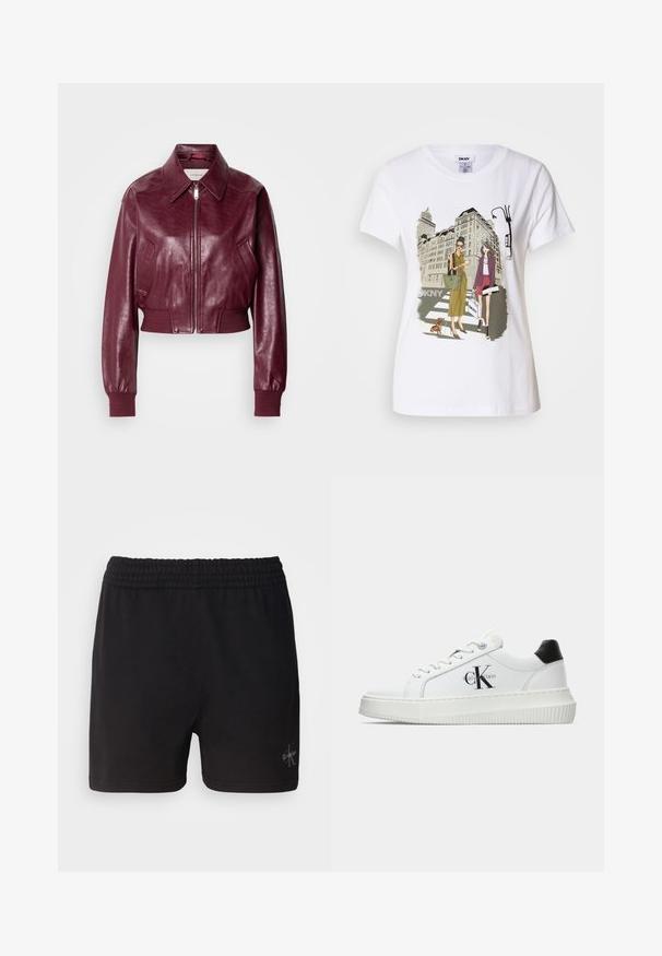 Calvin Klein Jeans CROPPED CRINKLE - Bomber stiliaus striukė - deep rouge; Baltos medvilnės marškinėliai su spausdinta iliustracija, kurioje pavaizduotos dvi moterys urbanistiniais mados stiliais su šunimi perėjimo zonoje ir miesto pastatai.; Juodos medvilnės šortai su elastinga juostele ir sidabriniu „Calvin Klein“ logotipu apatiniame dešiniajame kampe. Lygus paviršius.; Balti žemakulniai bateliai su juodu kulno dangteliu, platformos padu, raišteliais ir Calvin Klein "CK" logotipu šone.