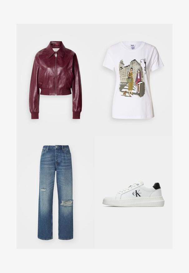 Calvin Klein Jeans CROPPED CRINKLE - Bomber tipa jaka - deep rouge; Balta kokvilnas T-krekls ar divu sieviešu, kas ģērbtas urbanā stilā, zīmējumu, uz kura redzams suns uz gājēju pārejas un pilsētas ēkas.; Gai zila džinsu bikses ar augstu jostasvietu, taisnu kāju griezumu, smalku izbalēšanu un diviem nodilušiem pleķiem priekšpusē virs ceļgaliem.; Baltā zema topa sporta apavas ar melnu papēža cilni, platformas zoli, auklēm un Calvin Klein "CK" logo sānos.