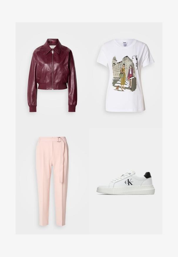 Calvin Klein Jeans CROPPED CRINKLE - Geacă bomber - deep rouge; T-shirt alb din bumbac, cu o ilustrație imprimată ce înfățișează două femei în stiluri de modă urbană, alături de un câine pe o trecere de pietoni și clădiri ale orașului.; Pantaloni roz deschis cu un croi lejer, prevăzuți cu un brâu cu cataramă argintie, față plată și pliuri pentru un detaliu suplimentar.; Adidași albi cu glezna joasă, cu tab-ul de călcâi negru, talpă platformă, șireturi și logo-ul "CK" de la Calvin Klein pe lateral.