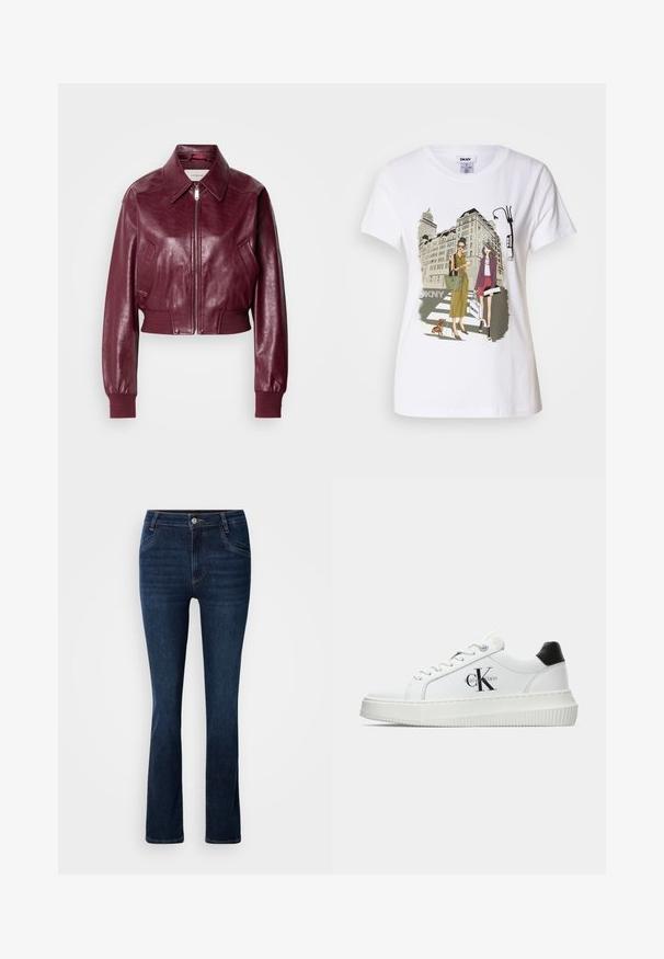 Calvin Klein Jeans CROPPED CRINKLE - Chaquetas bomber - deep rouge; Camiseta de algodón blanca con una ilustración impresa de dos mujeres con estilos de moda urbana, un perro en un paso de peatones y edificios de la ciudad.; Jeans de mezclilla de color azul oscuro con corte acampanado, que presentan una cintura con pasadores para cinturón, bolsillos frontales y una sutil textura desvanecida en todo su diseño.; Zapatilla baja blanca con talón negro, suela de plataforma, cordones y logotipo "CK" de Calvin Klein en el lado.