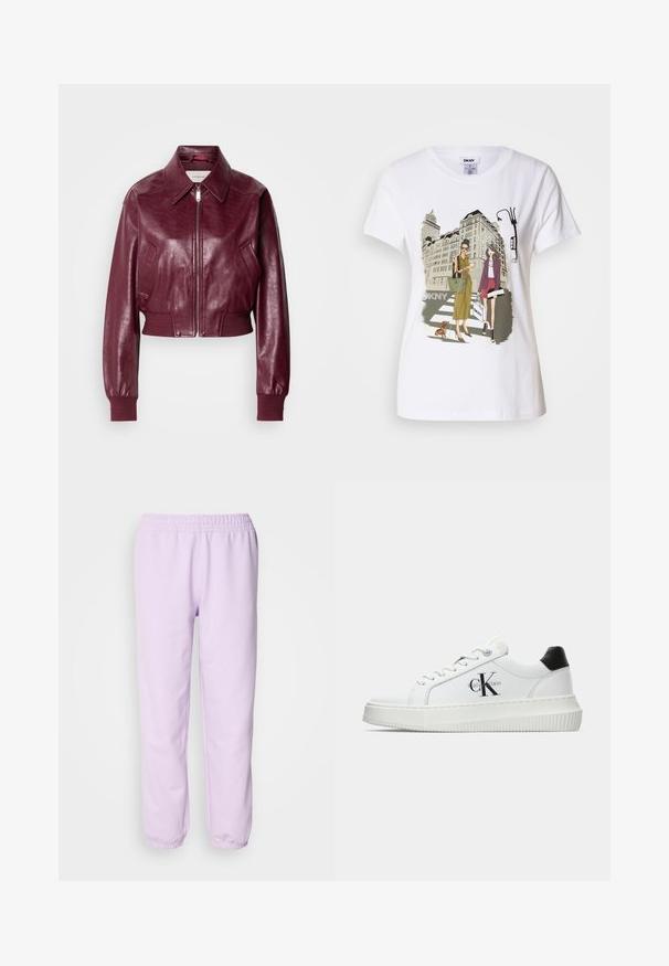 Calvin Klein Jeans CROPPED CRINKLE - Bomber dzseki - deep rouge; Fehér pamut póló, amelyen nyomtatott illusztráció látható két nő városi divatstílusban, egy kutyával a zebrán és városi épületekkel a háttérben.; Világoslila, puha anyagból készült melegítőnadrág, rugalmas derékkal és rugalmas bokákkal. Egyszerű dizájn, minta nélküli.; Fehér alacsony szárú edzőcipő fekete saroktabbal, platform talppal, fűzőkkel és Calvin Klein "CK" logóval az oldalán.