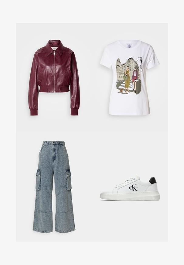 Calvin Klein Jeans CROPPED CRINKLE - Geacă bomber - deep rouge; T-shirt alb din bumbac, cu o ilustrație imprimată ce înfățișează două femei în stiluri de modă urbană, alături de un câine pe o trecere de pietoni și clădiri ale orașului.; Pantaloni cargo din denim largi, de culoare albastru deschis, cu buzunare frontale și laterale, un finisaj texturat și detalii de cusătură vizibile.; Adidași albi cu glezna joasă, cu tab-ul de călcâi negru, talpă platformă, șireturi și logo-ul "CK" de la Calvin Klein pe lateral.