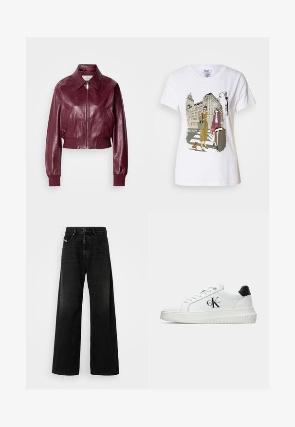 Calvin Klein Jeans CROPPED CRINKLE - Bomberjakke - deep rouge; Hvid bomulds T-shirt med et trykt illustrativt motiv af to kvinder i urban mode med en hund på et fodgængerfelt og bybygninger.; Bredde ben sorte denimjeans med høj talje, med knaplukning, forlommer og en falmet struktur.; Hvide lavtoppede sneakers med sort hælkænke, platformssål, snørebånd og Calvin Klein "CK" logo på siden.