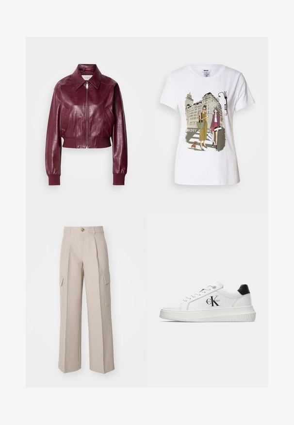 Calvin Klein Jeans CROPPED CRINKLE - Bomber Jacket - deep rouge; White cotton T-shirt featuring a printed illustration of two women in urban fashion styles with a dog on a crosswalk and city buildings.; Beige wide-leg trousers made of fabric, featuring front pleats and two side cargo pockets. Includes a front button closure.; White low-top sneaker with black heel tab, platform sole, laces, and Calvin Klein "CK" logo on the side.