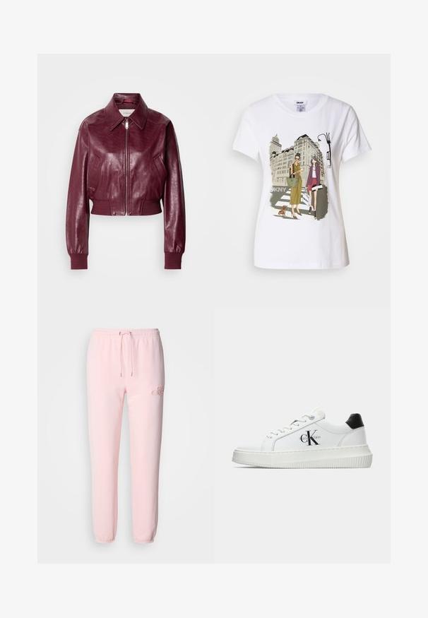 Calvin Klein Jeans CROPPED CRINKLE - Bombertakki - deep rouge; Valkoinen puuvillainen t-paita, jossa on painettu kuva kahdesta naisesta kaupunkimuotityyleissä, koirasta suojatiellä ja kaupungin rakennuksista.; Harmaat vaaleanpunaiset collegehousut pehmeästä kankaasta, joissa on joustava vyötärönyöri, kapenevat hihansuut ja hillitty brodeerattu logo.; Valkoiset matalat tennarit, joissa on musta kantapää, alustasolki, nauhat ja Calvin Kleinin "CK" logo sivuilla.