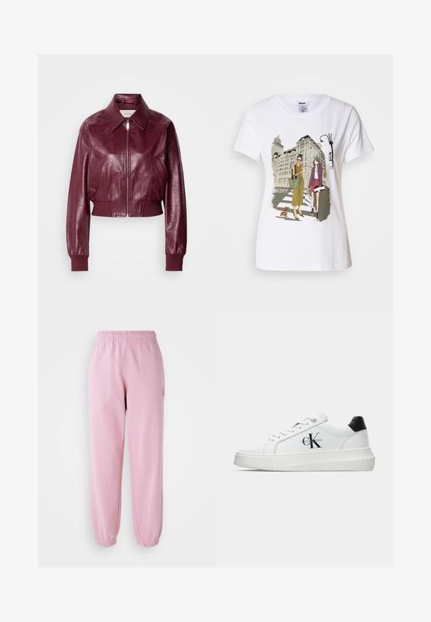 Calvin Klein Jeans CROPPED CRINKLE - Bombejakke - deep rouge; Hvit bomulls T-skjorte med trykt illustrasjon av to kvinner i urbane motestiler med en hund på et fotgjengerfelt og bybygninger.; Rosa joggebukser med elastisk midje og sammensnørte ermer. Laget av myk stoff, har en liten logo detalj foran.; Hvite lavsko med svart hæltab, plattformsåle, snøringer og Calvin Klein "CK" logo på siden.