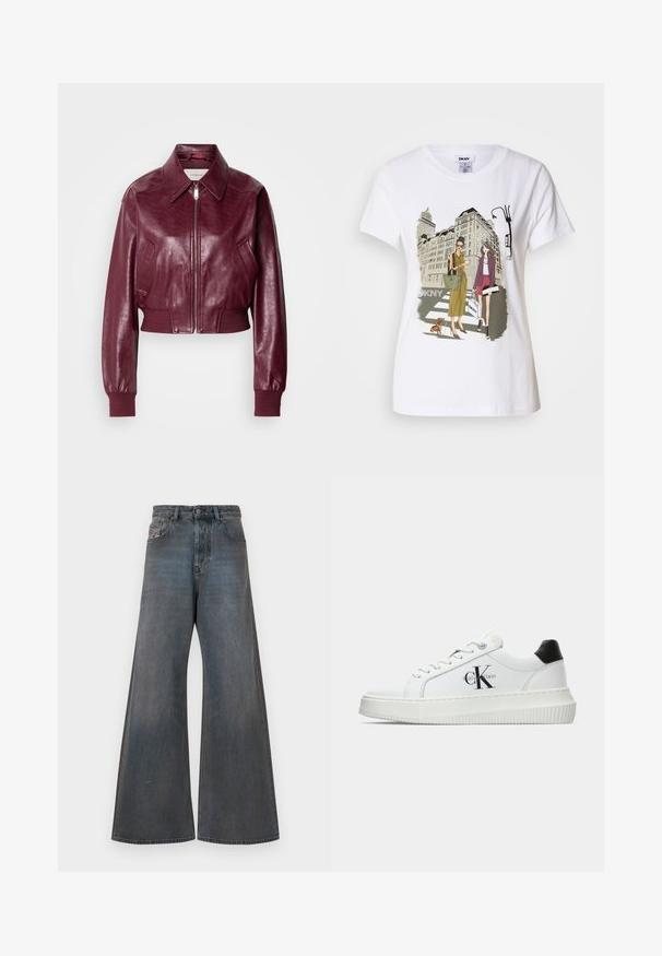 Calvin Klein Jeans CROPPED CRINKLE - Bombertakki - deep rouge; Valkoinen puuvillainen t-paita, jossa on painettu kuva kahdesta naisesta kaupunkimuotityyleissä, koirasta suojatiellä ja kaupungin rakennuksista.; Valkoiset farkut tummansinisestä denimistä, jossa on hieman haalistunut viimeistely. Ominaisuuksiin kuuluu viisi taskua, vyölenkit ja napillinen sulkeminen.; Valkoiset matalat tennarit, joissa on musta kantapää, alustasolki, nauhat ja Calvin Kleinin "CK" logo sivuilla.