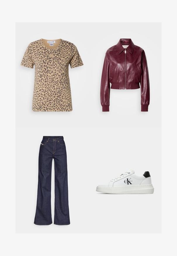 Calvin Klein Jeans CROPPED CRINKLE - Bomber Jacket - deep rouge; Short-sleeve beige t-shirt with a leopard print design, featuring a round neckline and a small gold logo accent on the front.; Dark blue wide-leg jeans in denim fabric with a high waist, featuring orange stitching, five-pocket design, and a button closure.; White low-top sneaker with black heel tab, platform sole, laces, and Calvin Klein "CK" logo on the side.