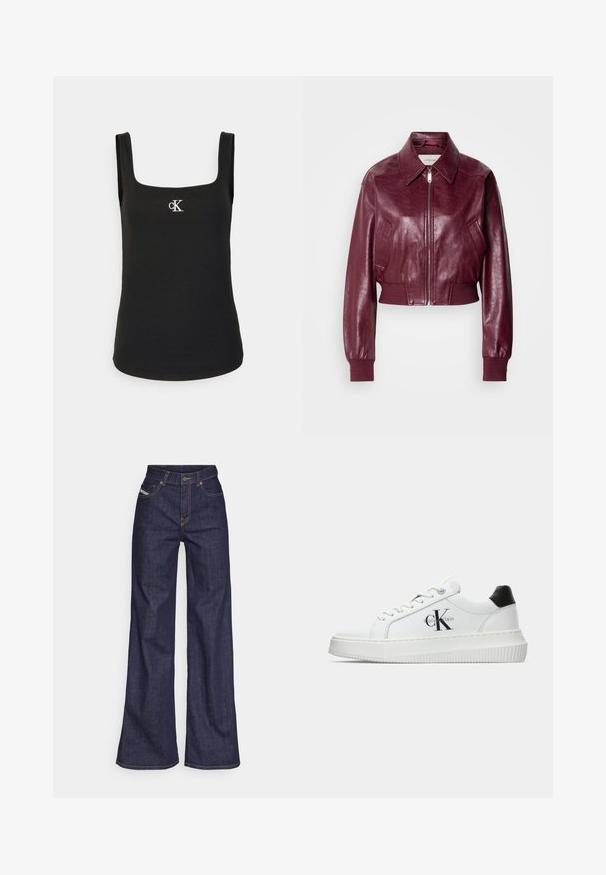 Calvin Klein Jeans CROPPED CRINKLE - Bomber-jakk - deep rouge; Must mustriga mustükk, ruudulise dekoltee, ribelise tekstuuri ja väikese valge "cK" logoga rinnal, laiad õlavarre rihmad.; Tumedates sinised laiad teksad denimpesus, kõrge vöökohaga, mis on varustatud oranžide õmblustega, viie-taskulise disaini ja nööbiga kinnitusega.; Valge madalate sokkidega jooksutoss, millel on must konts, platvormi tallad, paelad ja Calvin Kleini "CK" logo küljel.