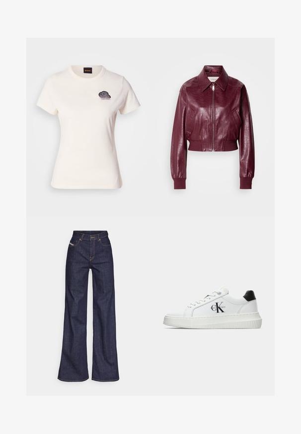 Calvin Klein Jeans CROPPED CRINKLE - Bomber dzseki - deep rouge; Fehér pamut póló kerek nyakkal és rövid ujjakkal. Az elején fekete hímezett felhőminta található, bojt részletekkel.; Sötétkék, bő szárú farmernadrág, magas derékkal, narancssárga varrással, öt zsebes kialakítással és gombos zárással.; Fehér alacsony szárú edzőcipő fekete saroktabbal, platform talppal, fűzőkkel és Calvin Klein "CK" logóval az oldalán.