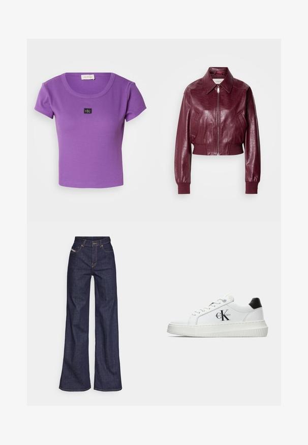 Calvin Klein Jeans - Kurtka Bomber; Fioletowa, prążkowana koszulka z krótkim rękawem, z okrągłym dekoltem i małym czarnym logo Calvin Klein na klatce piersiowej. Miękka tekstura.; Ciemnoniebieskie dżinsy szerokie w nogawkach wykonane z denimu, z wysokim stanem, z pomarańczowymi przeszyciami, pięcioma kieszeniami i zapięciem na guzik.; Białe sneakersy typu low-top z czarnym paskiem na pięcie, platformą, sznurowadłami i logo "CK" marki Calvin Klein na boku.