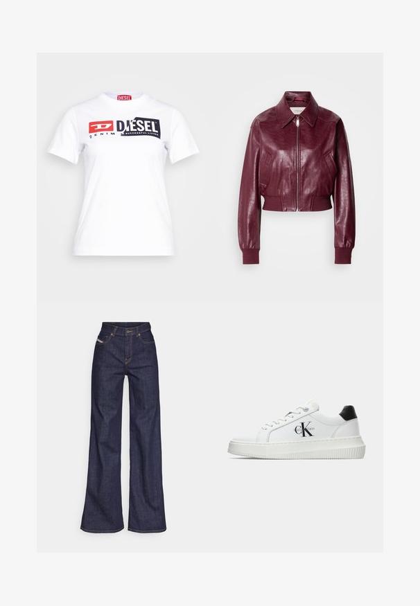 Calvin Klein Jeans CROPPED CRINKLE - Giubbotto Bomber - deep rouge; T-shirt bianco in cotone con collo a giro, caratterizzato da un audace marchio Diesel nero e rosso e dalla scritta "DENIM" in uno stile contrastante. Maniche corte.; Jeans a gamba larga di denim blu scuro con vita alta, caratterizzati da cuciture arancioni, design a cinque tasche e chiusura con bottone.; Sneaker bassa bianca con tassello nero sul tallone, suola a piattaforma, lacci e logo "CK" di Calvin Klein sul lato.